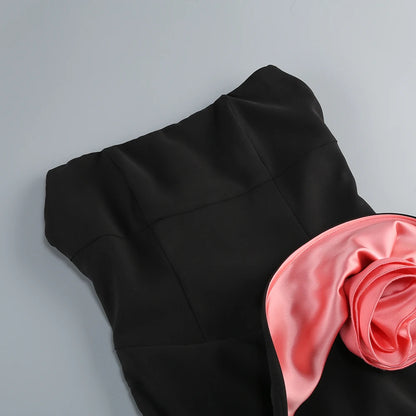 BLACK STRAPLESS MINI DRESS WAIST FLORAL DECORATION