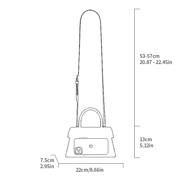 Measurement chart comparing a handbag to a 6.1-inch iPhone 13 Pro on a white background.