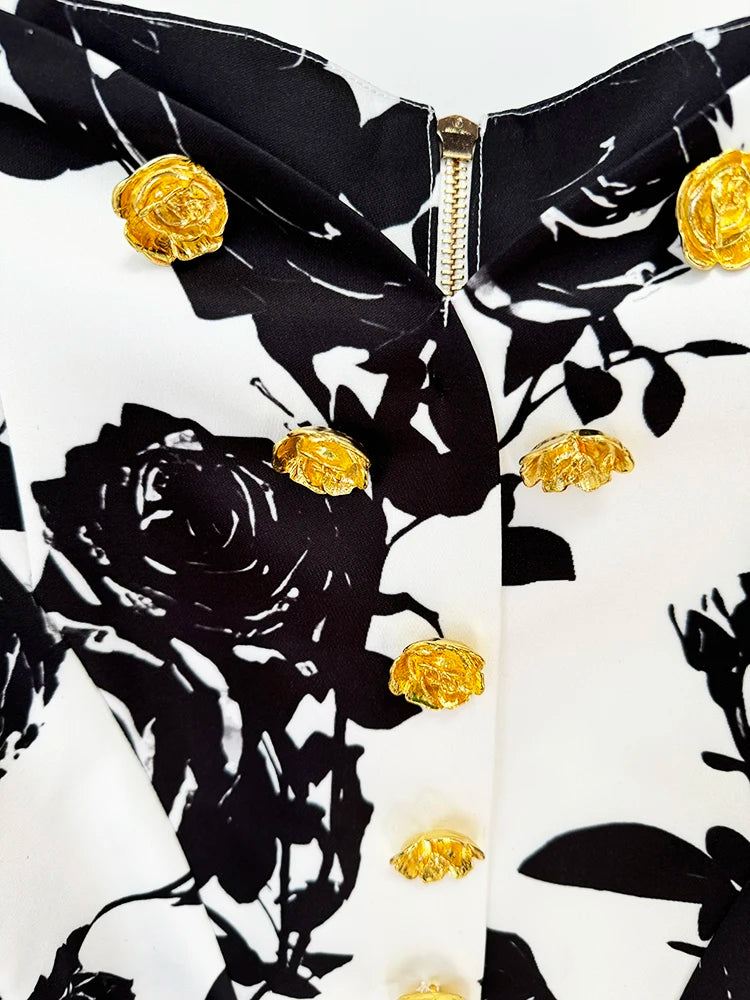 Floral Print Mini Skirt With Metal Rose Buttons