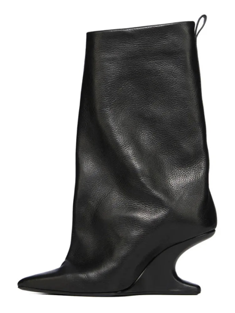 Sculptural Wedge Pointed-Toe Mid-Calf Boots