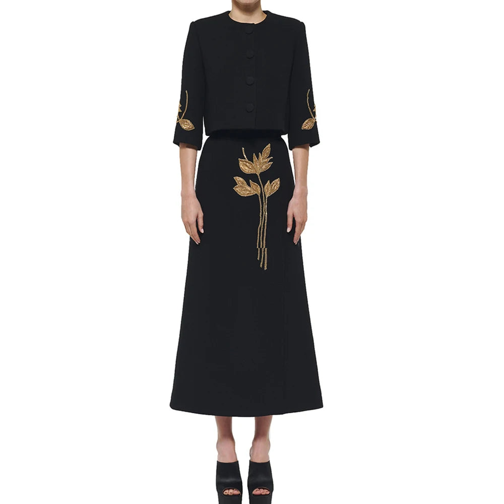 HALF SLEEVE COAT and HIGH WAIST MIDI DRESS SET PATCHWORK FLOWERS