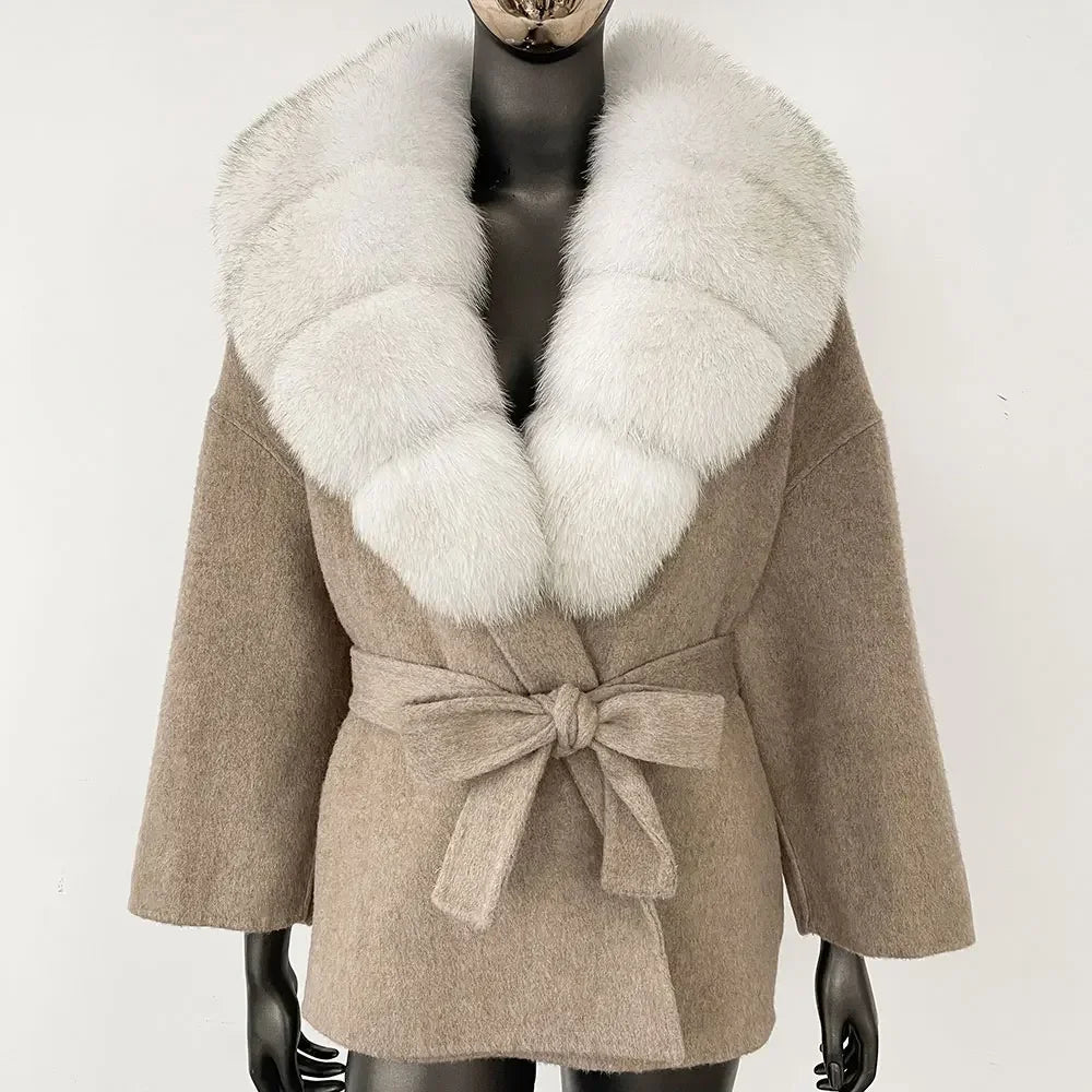 Wool Blend Coat with Fox Fur Collar – Women’s Luxury Winter Coat