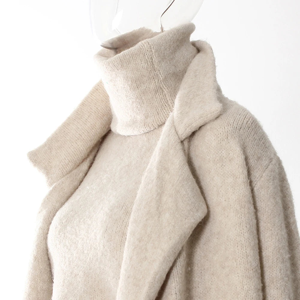 Apricot Three-Piece Set – Long Coat, High Neck Sweater & Ruffled Mini Skirt for Elegant Fall Style