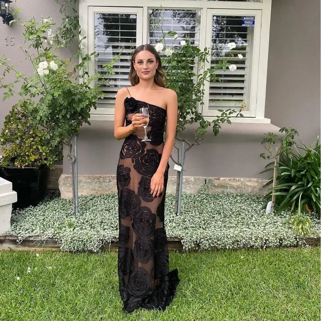 ONE SHOULDER BLACK ROSES MAXI DRESS
