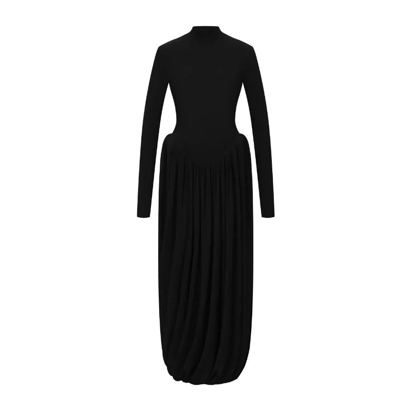 Elegant Backless Long Sleeve Pleated Dress – High Waist Bodycon Evening Gown