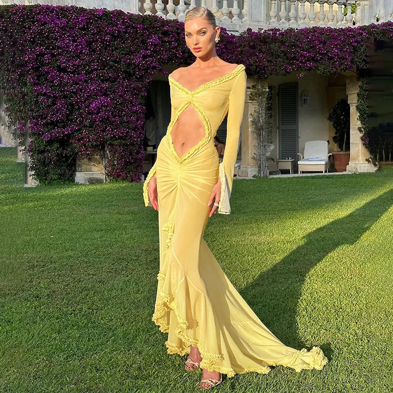 CUT OUT MESH MAXI DRESS RUFFLES SLEEVES