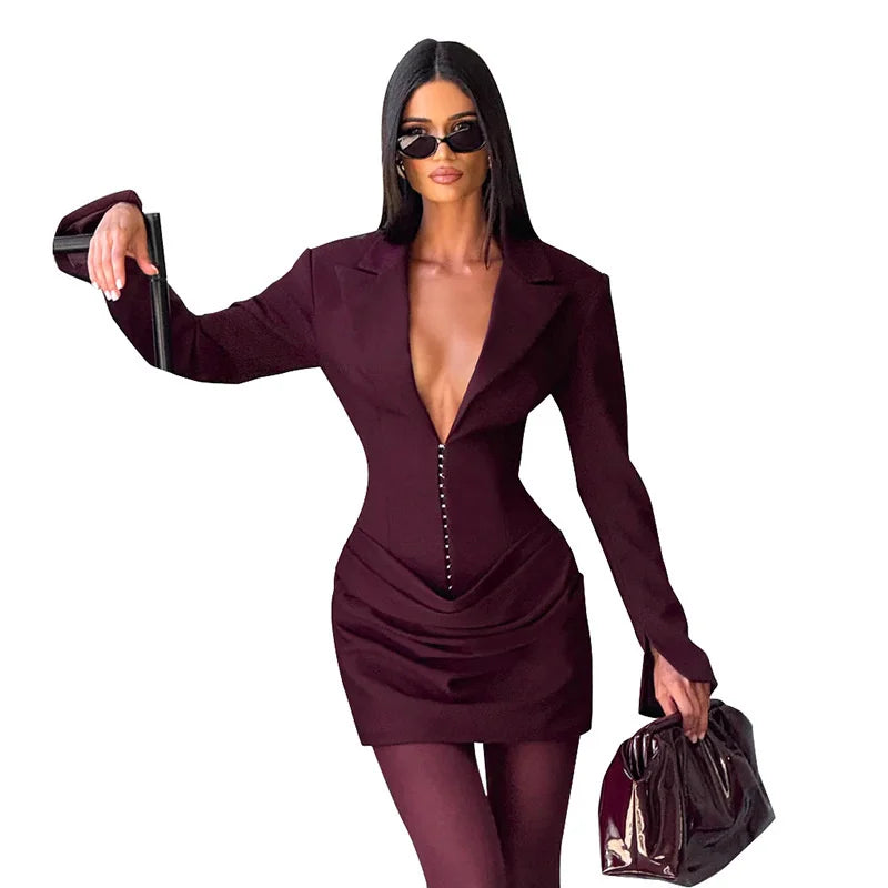 Deep V-Neck Long Sleeve Ruched Mini Dress – High-Waist Structured Blazer Dress | CTRL NUIT