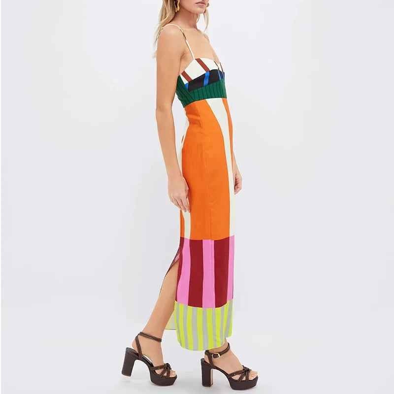 COLORFUL CONTRAST STRIPED STRAP MAXI DRESS