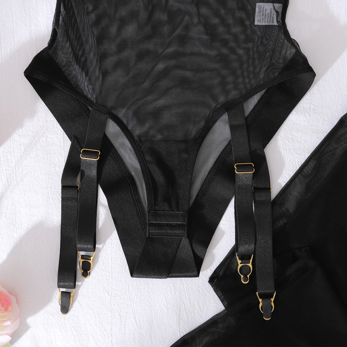 Sheer Mesh Off Shoulder Bodysuit 2 Piece Set – Sexy Open Crotch Stocking Body Lingerie