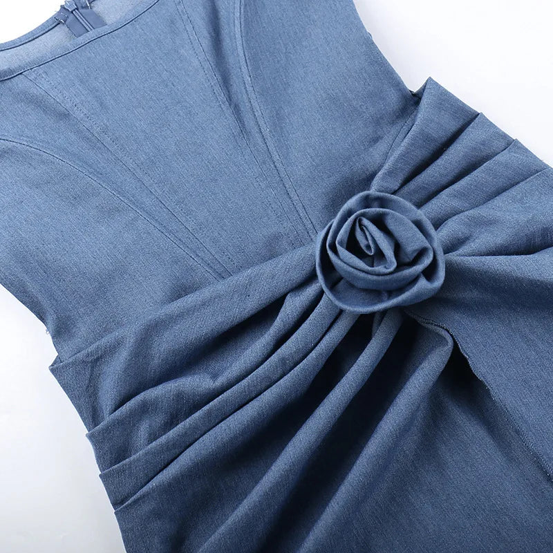 FLOWER BOW DENIM MINI DRESS
