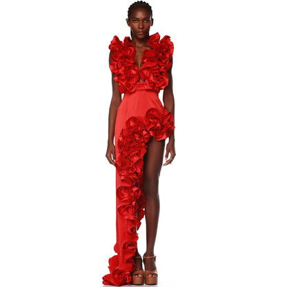 OMYTO RED FLOWER BODYSUIT and SIDE SLIT MAXY SKIRT