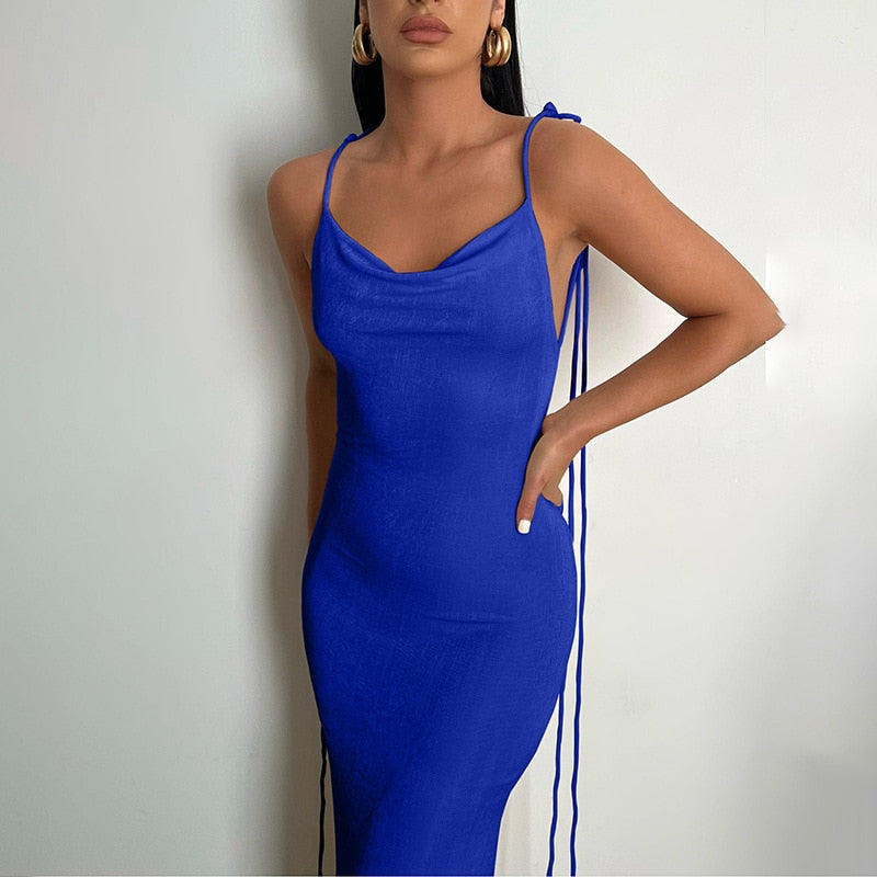 JOELLE BACKLESS LACE UP MAXI DRESS