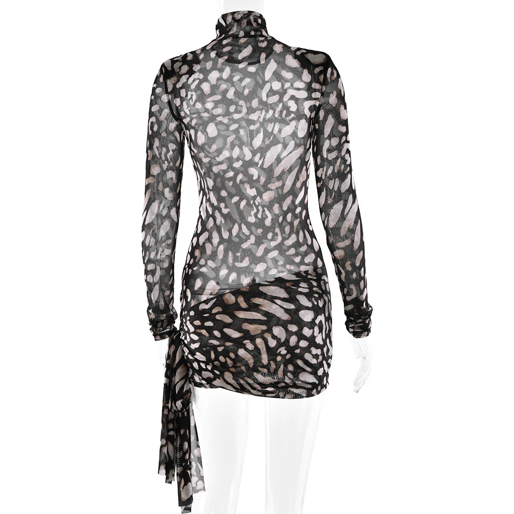LEOPARD PRINT LONG SLEEVE MINI DRESS with TRAIN