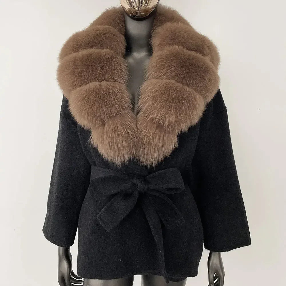 Wool Blend Coat with Fox Fur Collar – Women’s Luxury Winter Coat