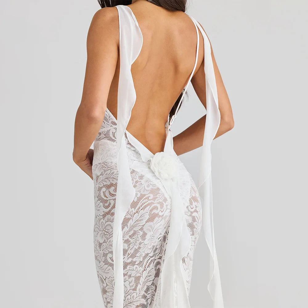 LACE BACKLESS TRAILING MAXI DRESS