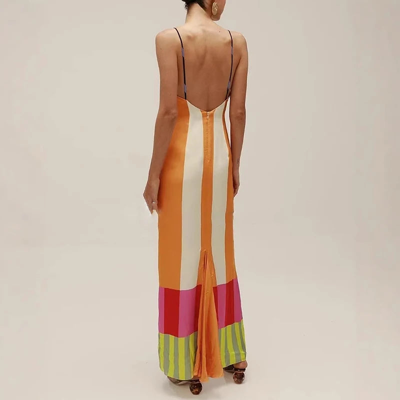 COLORFUL CONTRAST STRIPED STRAP MAXI DRESS