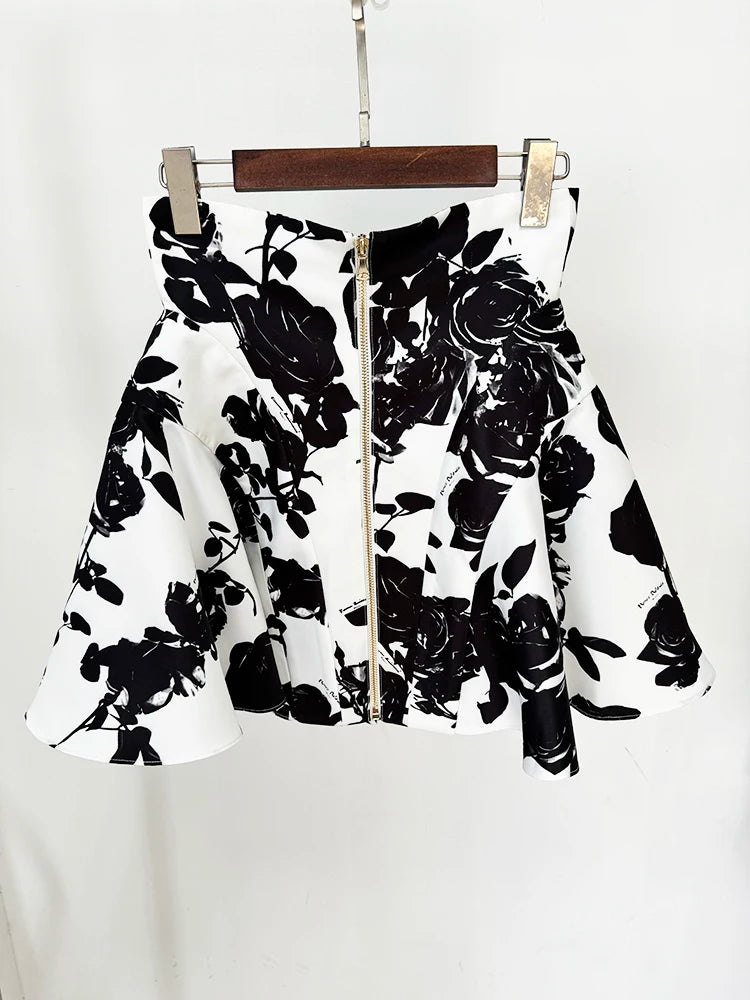 Floral Print Mini Skirt With Metal Rose Buttons