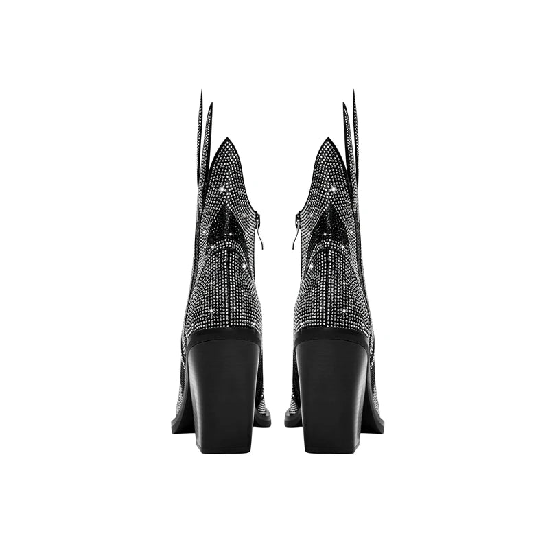 FLAME SHAPE SHORT BOOTS THICK HEEL decorated with CRYSTALS
