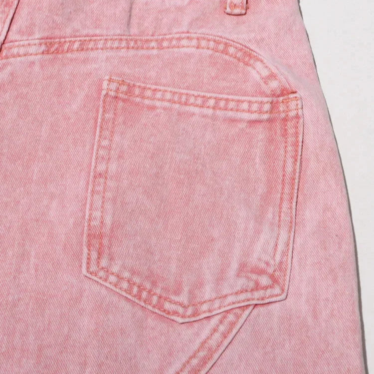 Pink High Waist Wide Leg Denim Trousers with Rhinestone Cut-Out