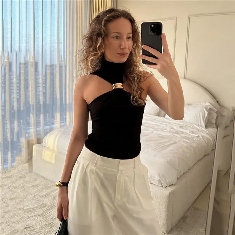 Halter Turtleneck Knit Top with Gold Ring Detail