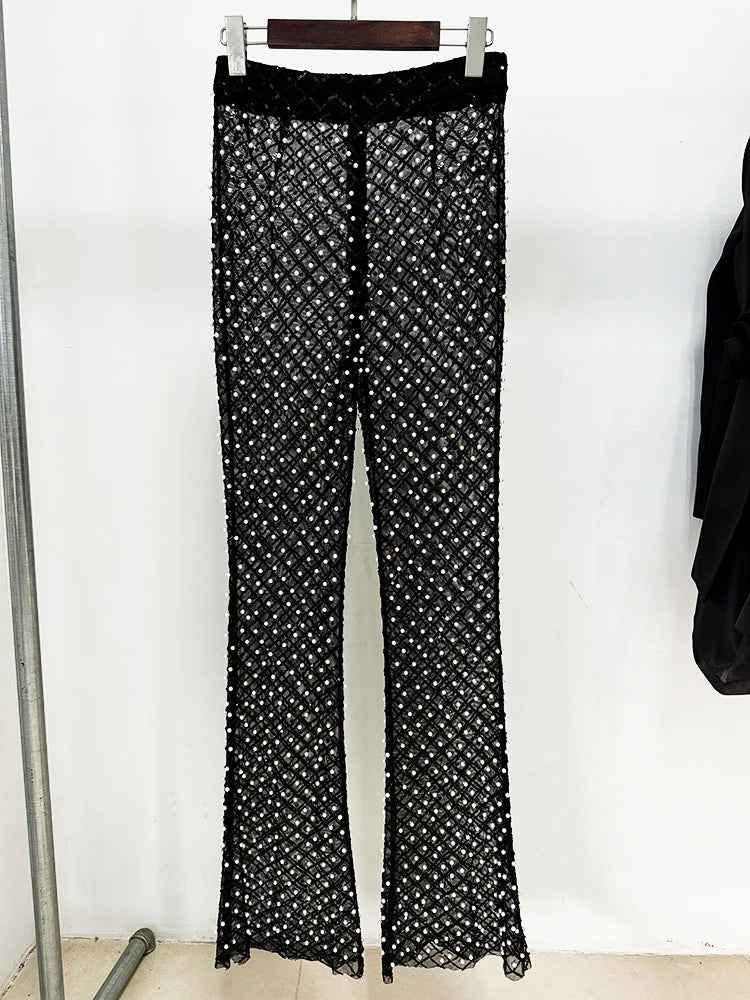 HOLLOW OUT FLOWERS APPLIQUES PEARLS BEADED BLAZER GAUZE PANTS