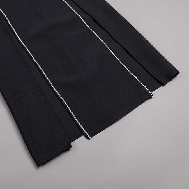 JULIETTE V NECK CRYSTAL SIDE SLIT BLACK MAXI DRESS