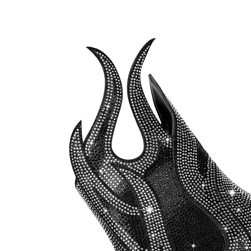 FLAME SHAPE SHORT BOOTS THICK HEEL decorated with CRYSTALS