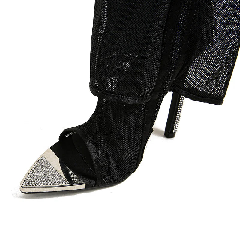 BLACK METAL POINTED TOE MESH BOOTS