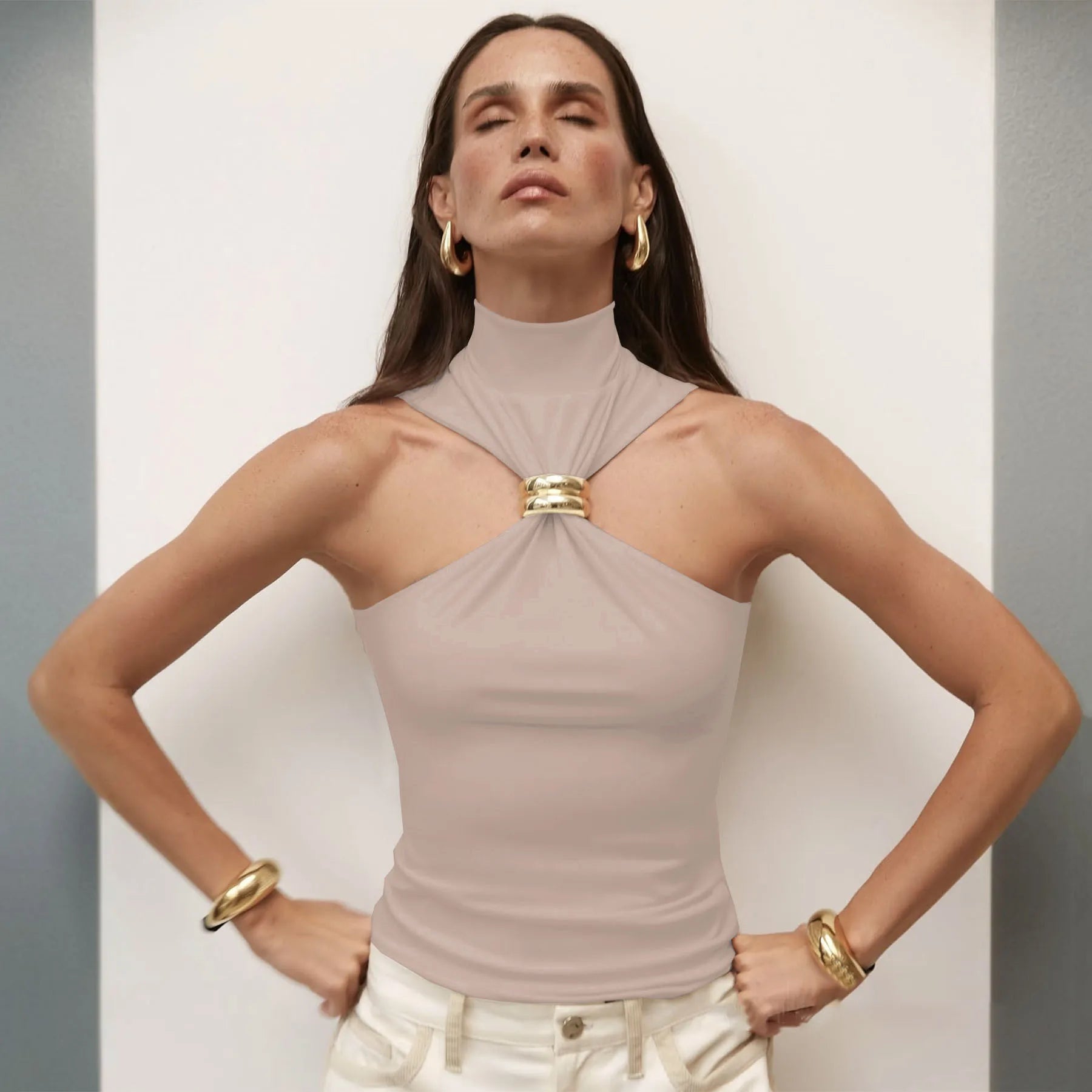 Halter Turtleneck Knit Top with Gold Ring Detail