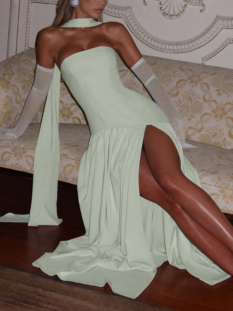 Strapless Pleated Maxi Dress with Scarf Detail and High Slit for Women