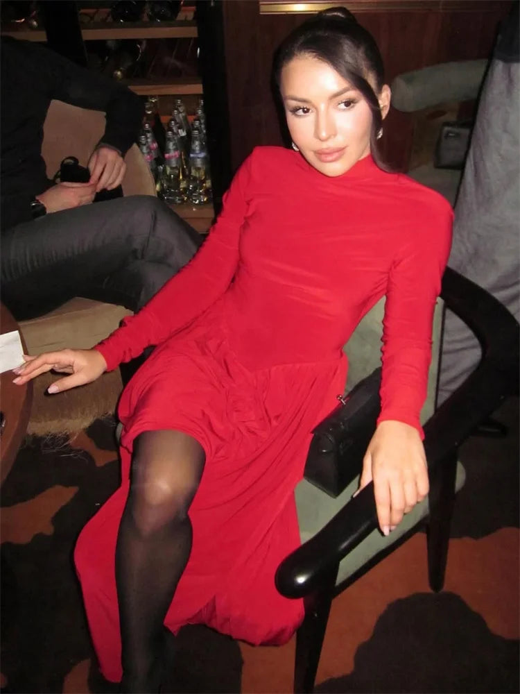 Elegant Backless Long Sleeve Pleated Dress – High Waist Bodycon Evening Gown
