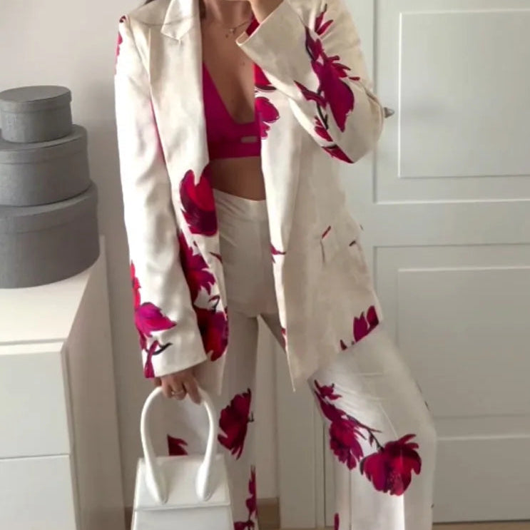 PRINT RED FLOWER BLAZER and PANTS SUIT