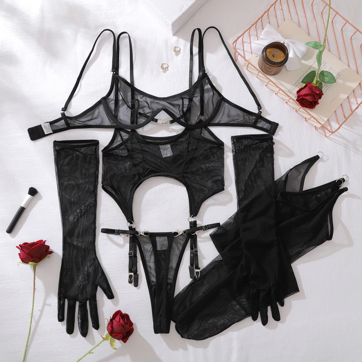 Mesh Breathable Lingerie 6 Piece Set – Ultra Thin Body Shaping Stocking Bodysuit with Garters