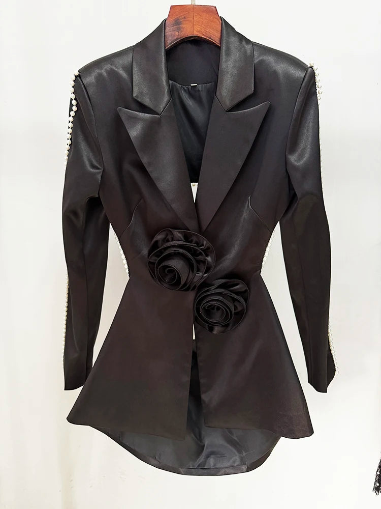 HOLLOW OUT FLOWERS APPLIQUES PEARLS BEADED BLAZER GAUZE PANTS