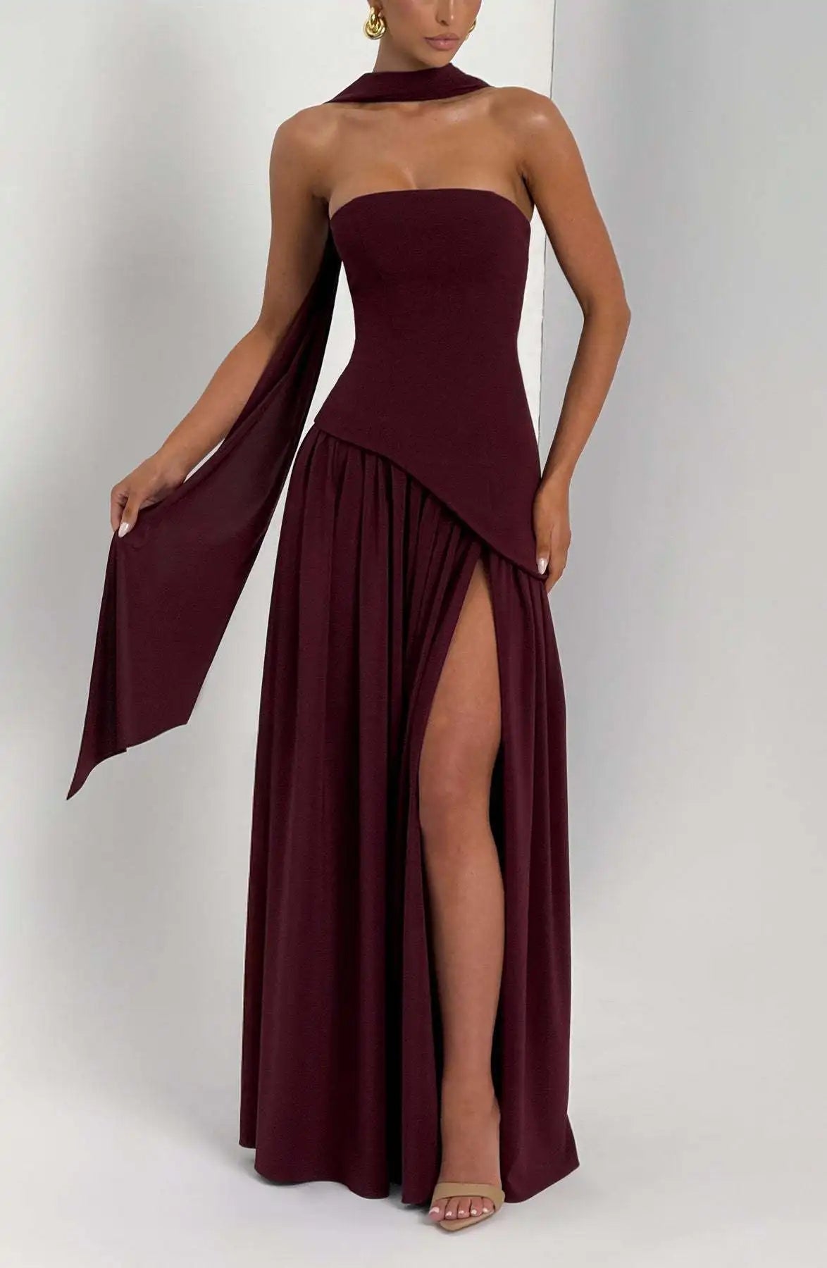2026 Summer Banquet Party Robe Pleated Skirt Strapless Long Skirt Sexy Women Backless Hanging Collar Satin Vest Dress