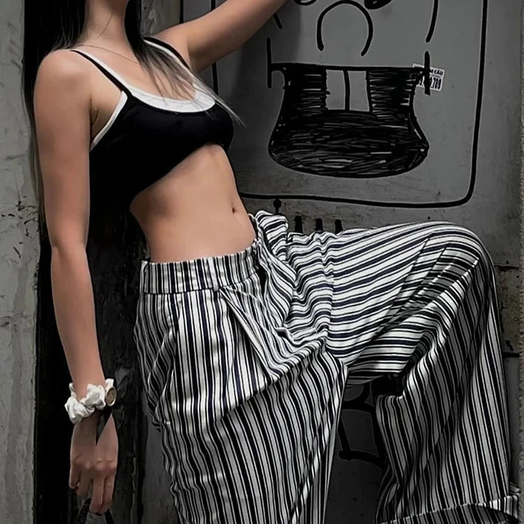 Striped Low Waist Wide Leg Trousers for Women | Vintage Streetwear Summer Pants