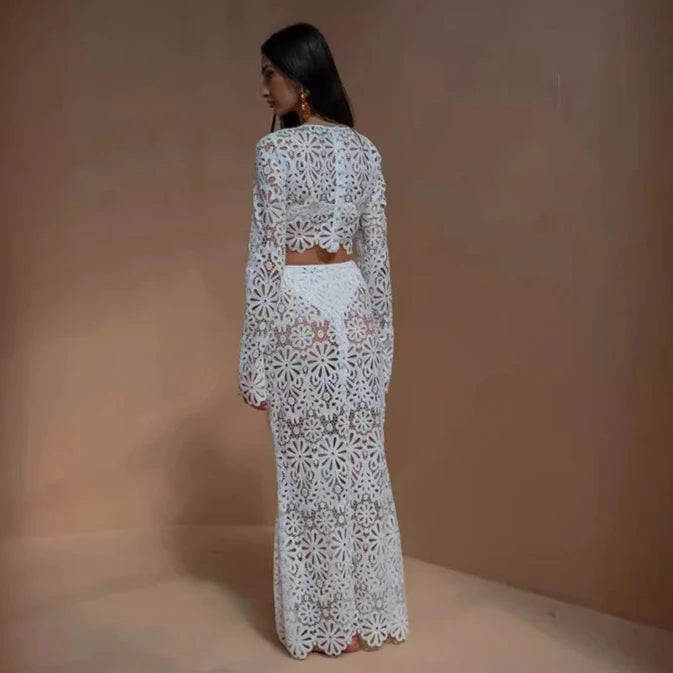 EMBROIDERY HOLLOW OUT BEACH TOP and SKIRT SET