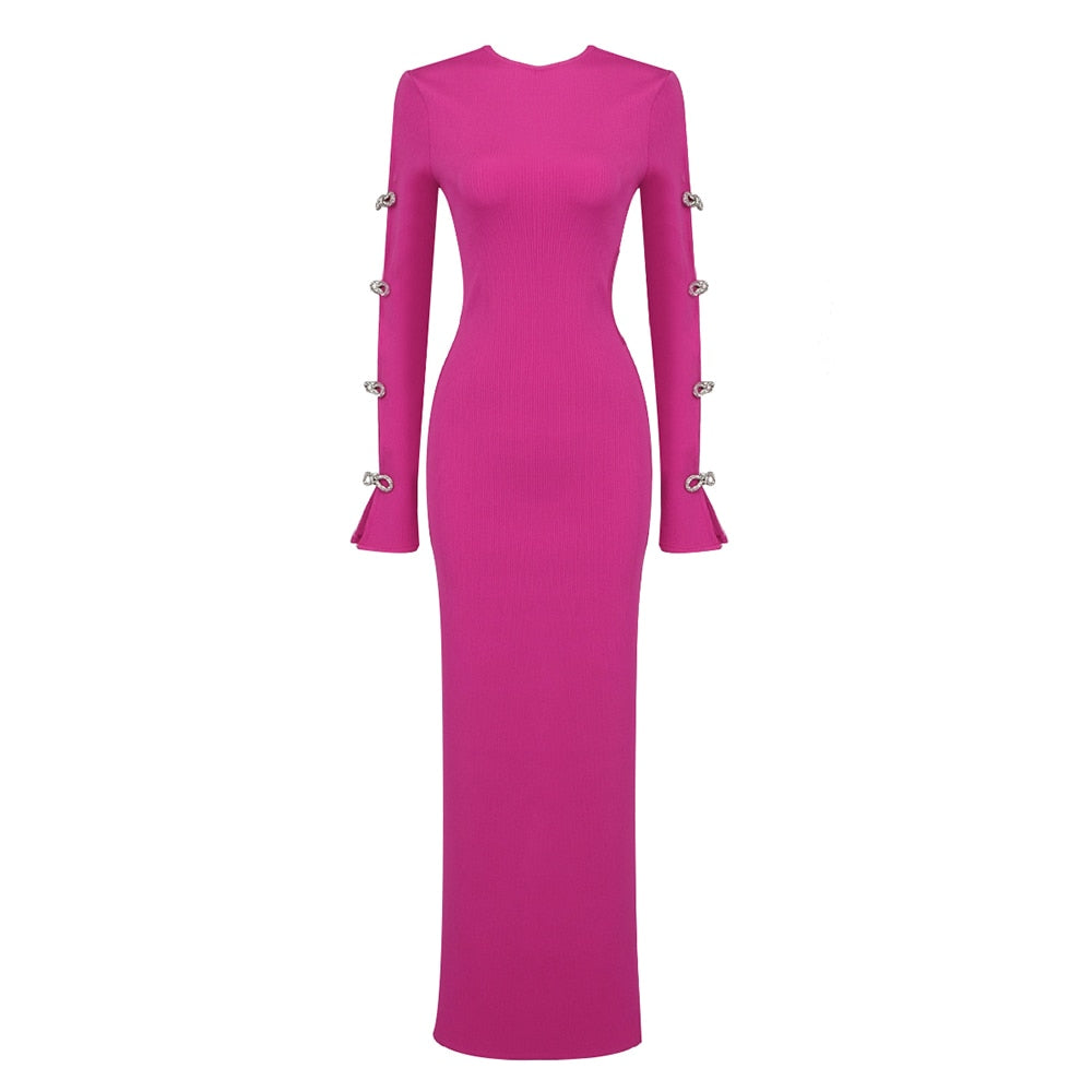 ROSELYN PINK HOLLOW OUT DRESS with CRYSTAL BOWS