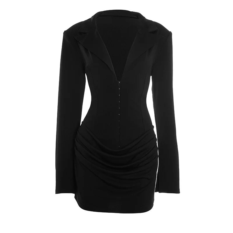 Deep V-Neck Long Sleeve Ruched Mini Dress – High-Waist Structured Blazer Dress | CTRL NUIT