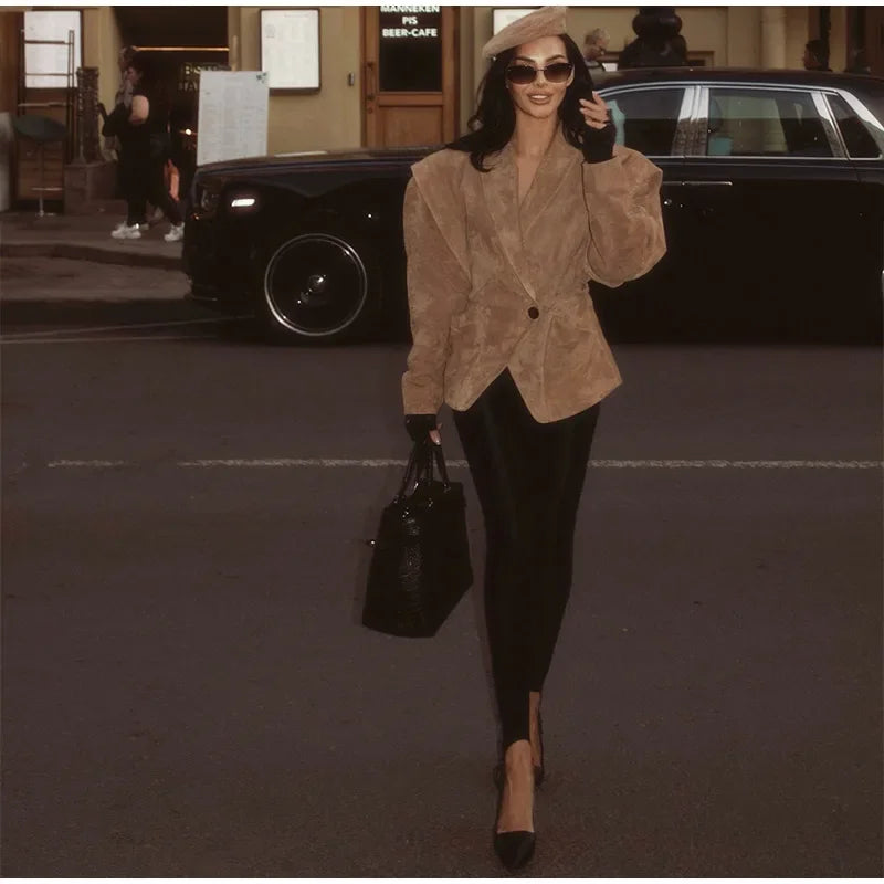 Autumn Suede Blazer for Women – Elegant One Button Lapel Jacket with Shoulder Pads | Khaki & Brown Streetwear