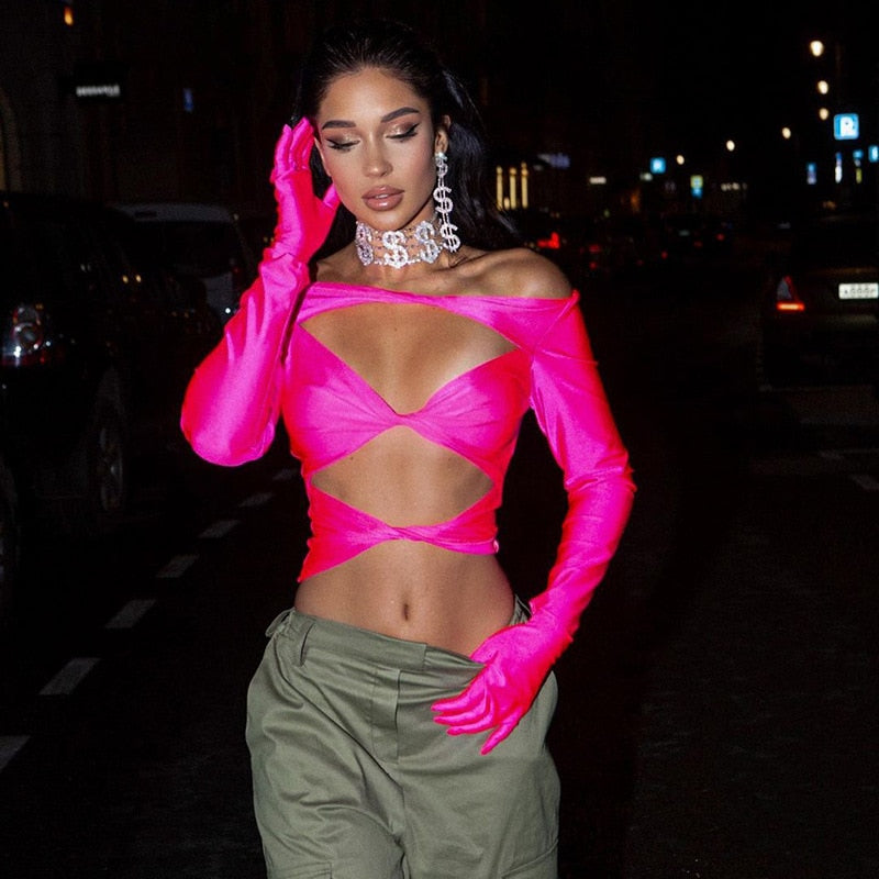 HOLLOW OUT LONG SLEEVE TOP with GLOVES