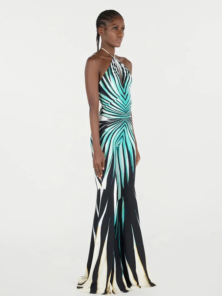 Sleeveless halter jumpsuit with retro striped design – full body back view
