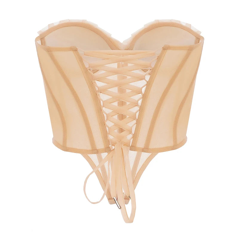 Strapless Mesh Backless Corset Top for Women | Lace-Up Sheer Bustier in Beige