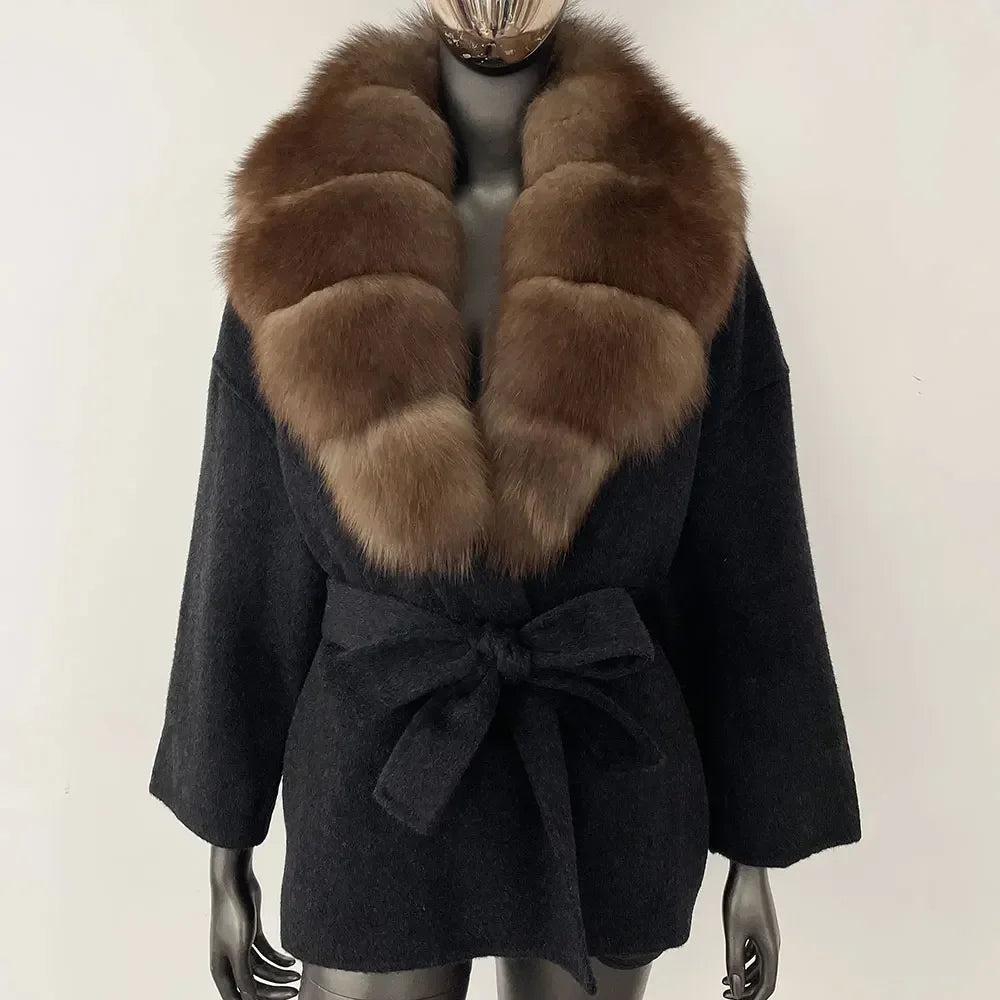Wool Blend Coat with Fox Fur Collar – Women’s Luxury Winter Coat
