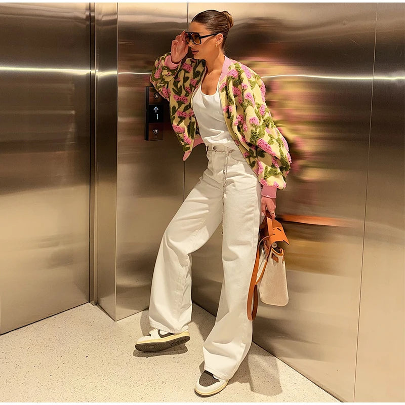3D Floral Bomber Jacket for Women – Oversized Zip-Up Spring Statement Outerwear