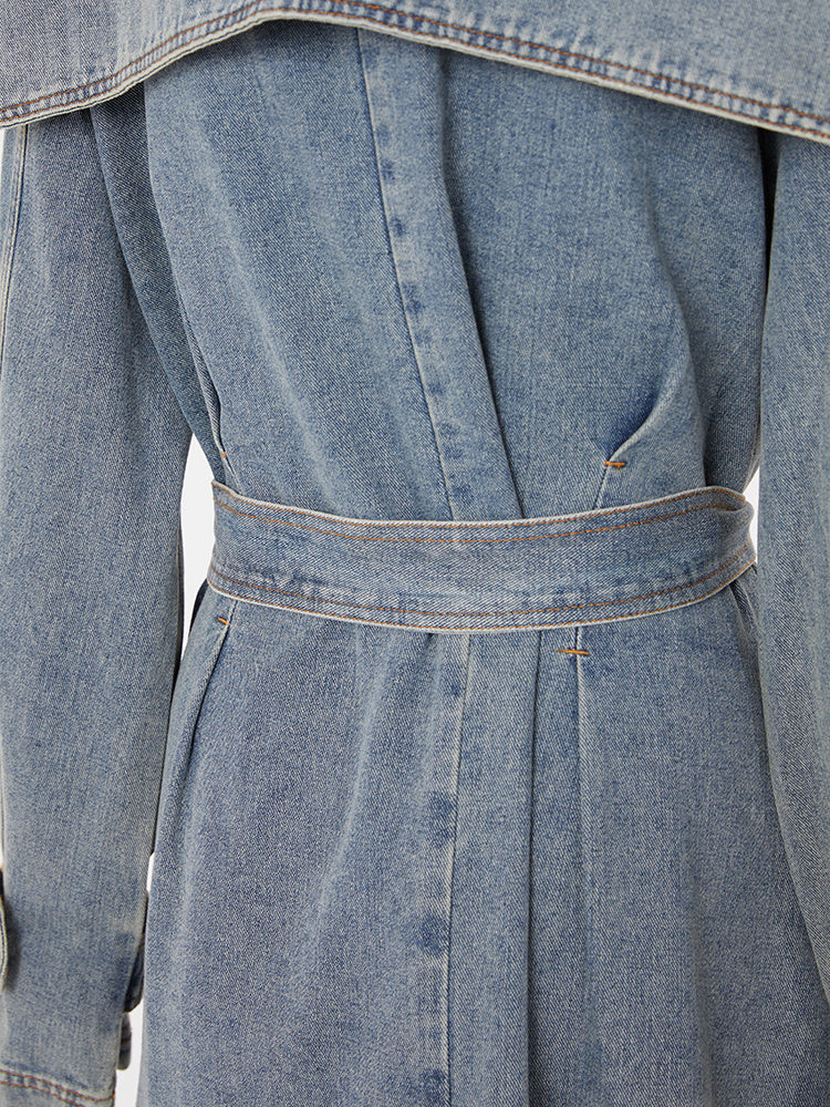 Denim Trench Coat with Belt – Women’s Long Denim Trench Coat