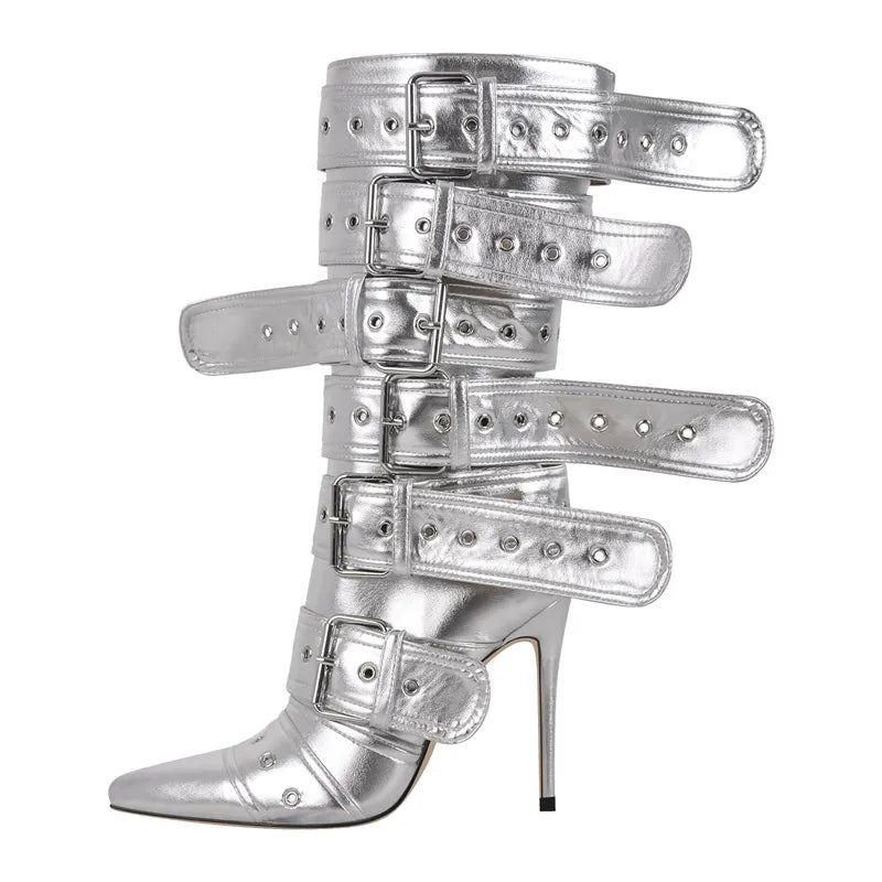 POINTED HEELED BOOTS decorated with BELTS