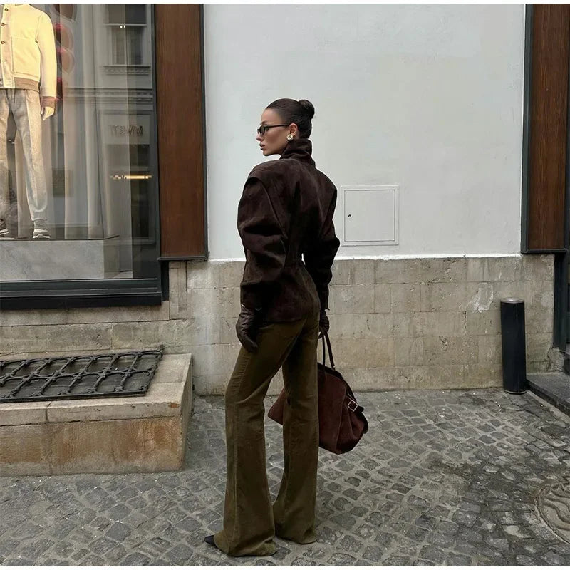 Autumn Suede Blazer for Women – Elegant One Button Lapel Jacket with Shoulder Pads | Khaki & Brown Streetwear
