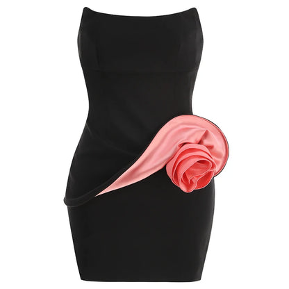 BLACK STRAPLESS MINI DRESS WAIST FLORAL DECORATION