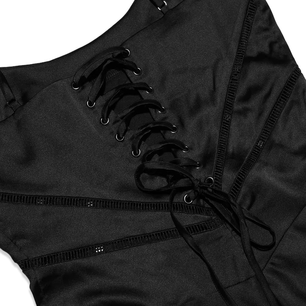 BLACK SATIN LACE-UP BACKLESS MAXI DRESS